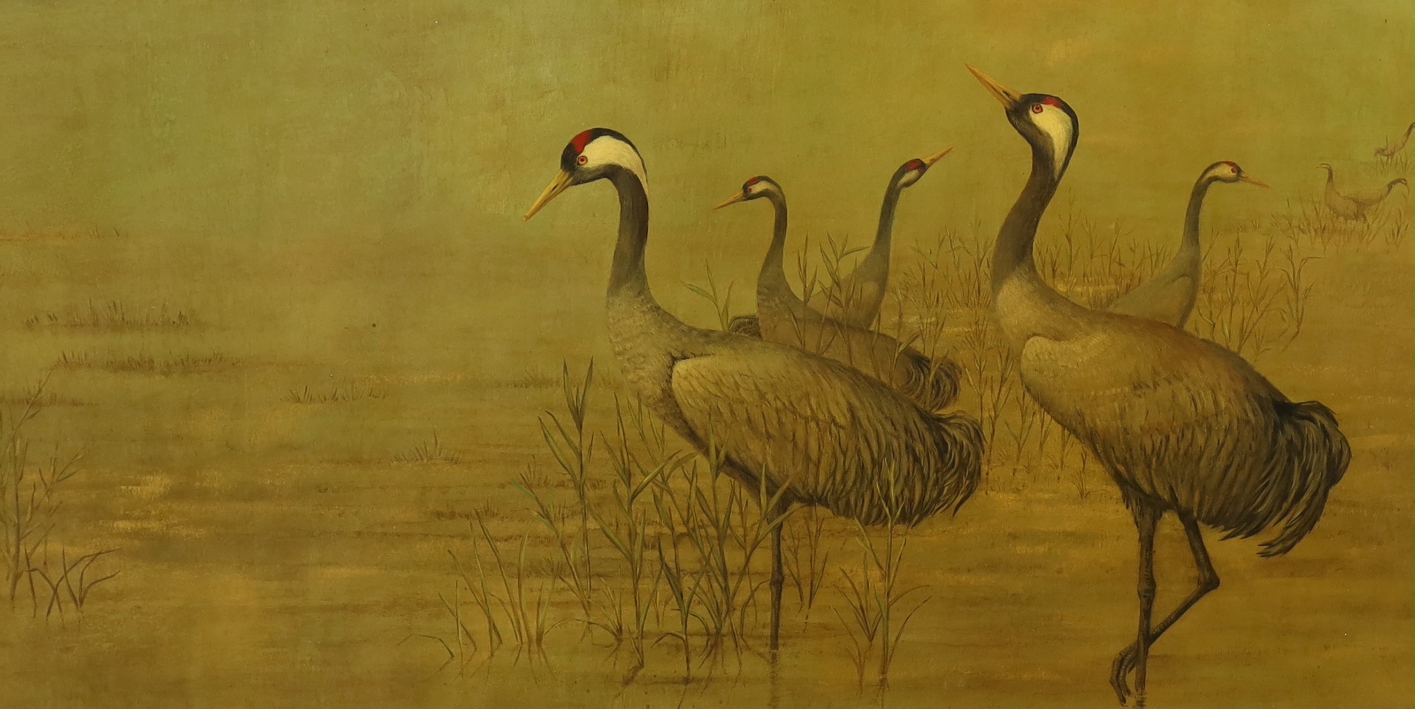 Helene Whitwell, painted and framed lacquer panel depicting cranes 60x120cm